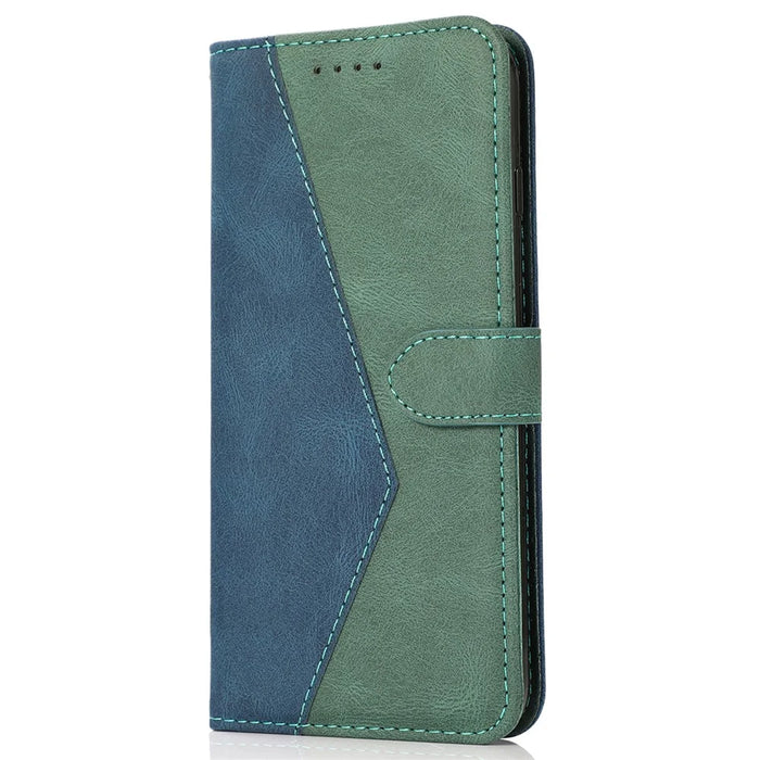 For iPhone 16 Pro Wallet Case Splicing Color Leather Phone Cover Credit Card Holder - Blue+Green - 5