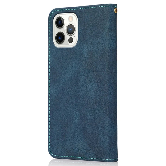For iPhone 16 Pro Wallet Case Splicing Color Leather Phone Cover Credit Card Holder - Blue+Green - 6