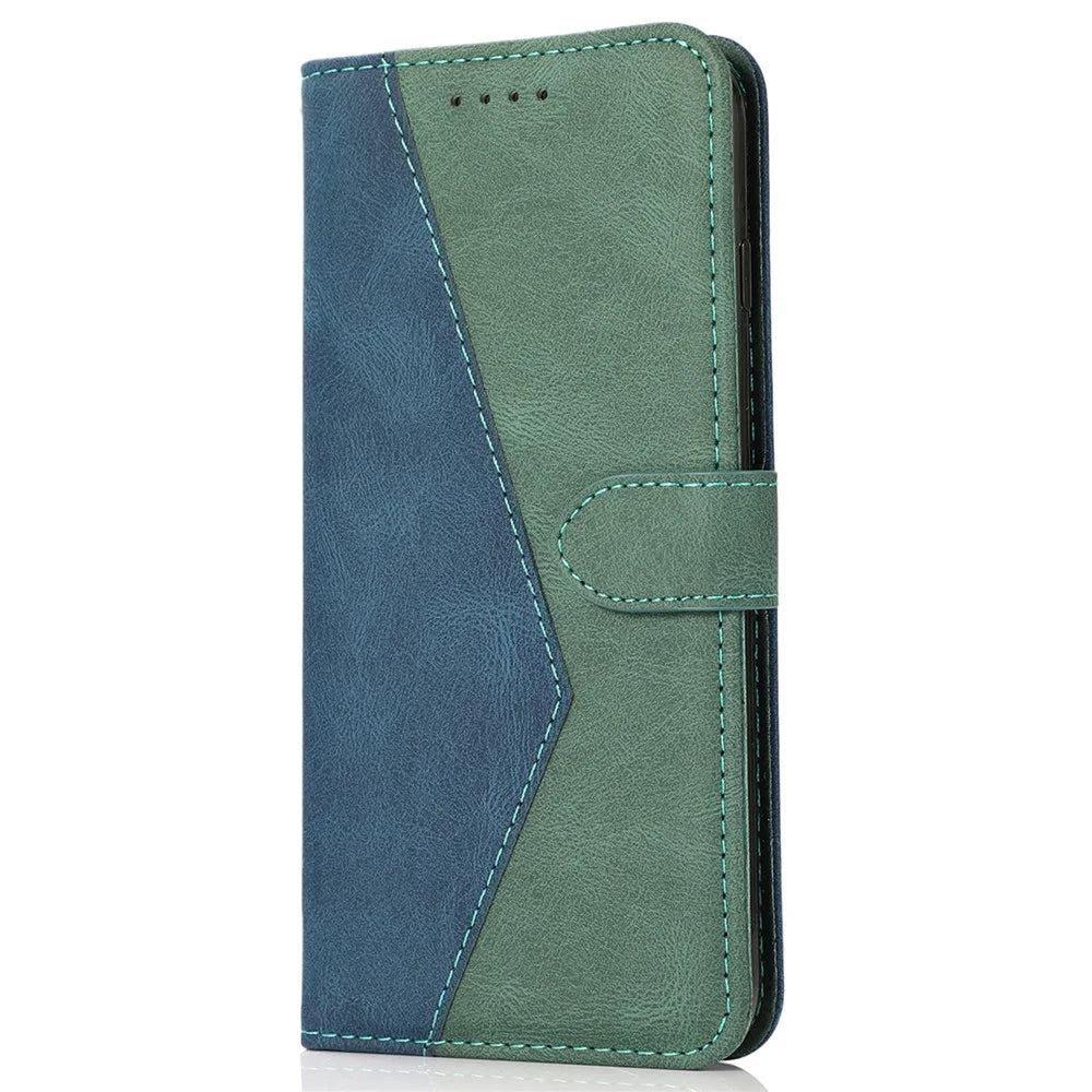 For iPhone 16 Case Stand Flip Leather Splicing Color Phone Cover - Blue+Green - 5