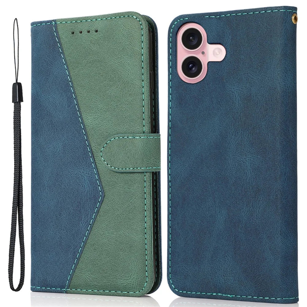 For iPhone 16 Plus Case Splicing Color Magnetic Clasp Leather Phone Cover - Blue+Green - 1