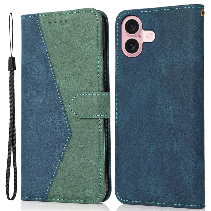 For iPhone 16 Plus Case Splicing Color Magnetic Clasp Leather Phone Cover - Blue+Green - 1