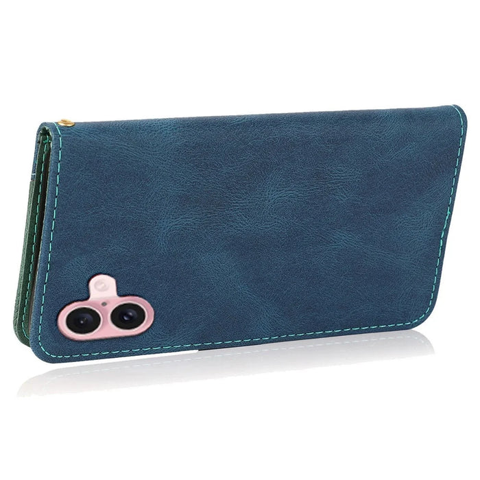 For iPhone 16 Plus Case Splicing Color Magnetic Clasp Leather Phone Cover - Blue+Green - 4