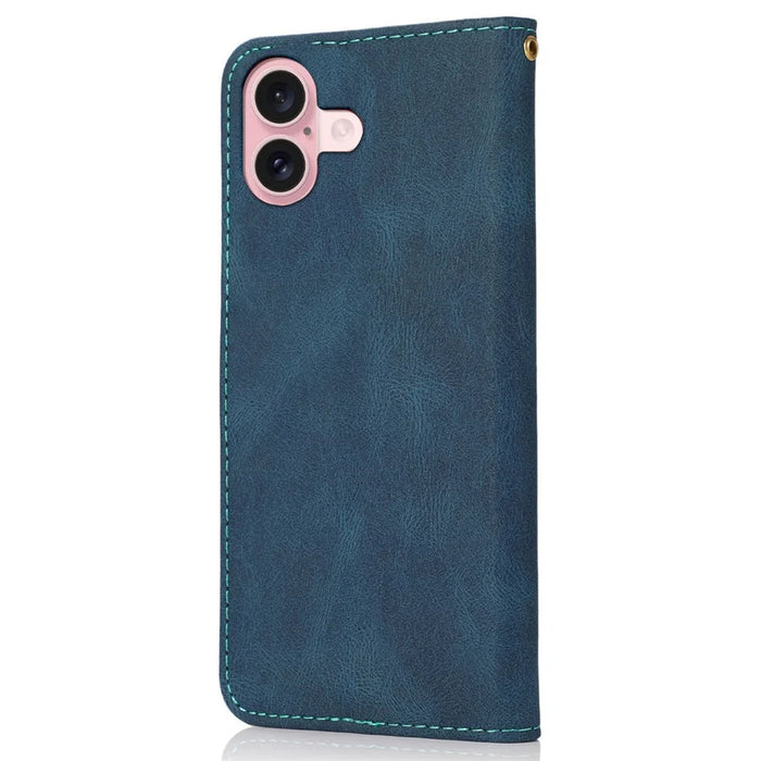 For iPhone 16 Plus Case Splicing Color Magnetic Clasp Leather Phone Cover - Blue+Green - 6