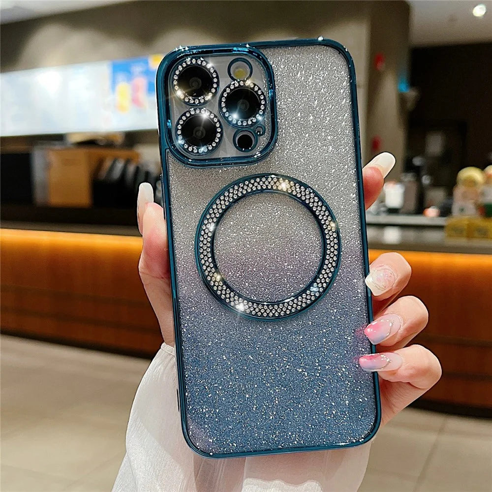 For iPhone 15 Pro Magnetic Case TPU + PC Glitter Sparkle Phone Cover - Blue - 1
