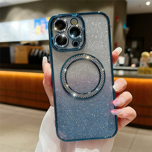 For iPhone 14 Pro Magnetic Case Shockproof TPU + PC Phone Cover with Gradient Glitter - Blue - 1