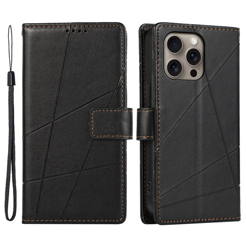 DF-06 For iPhone 16 Pro Max Case Line Imprint Wallet Phone Cover - Black - 1