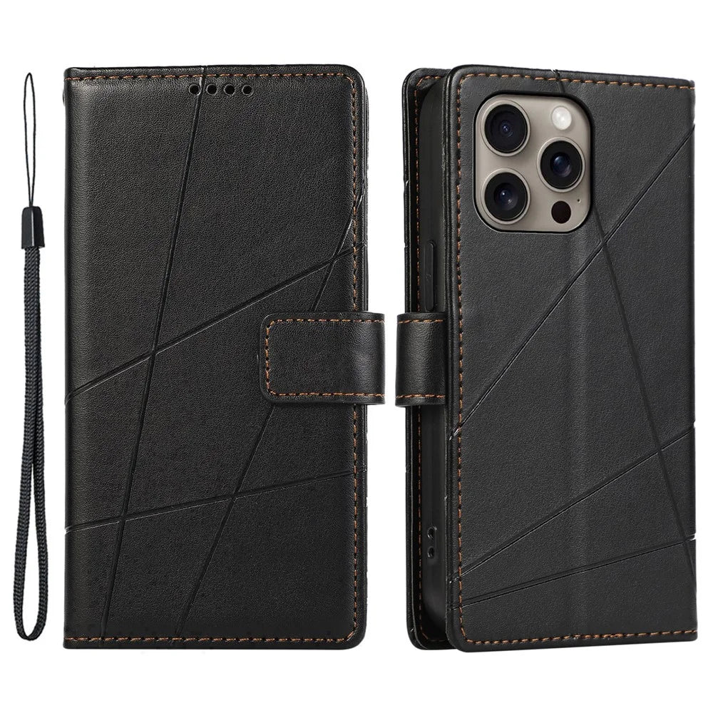 DF-06 For iPhone 16 Pro Max Case Line Imprint Wallet Phone Cover - Black - 1