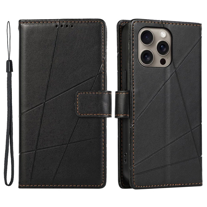 DF-06 For iPhone 16 Pro Max Case Line Imprint Wallet Phone Cover - Black - 1