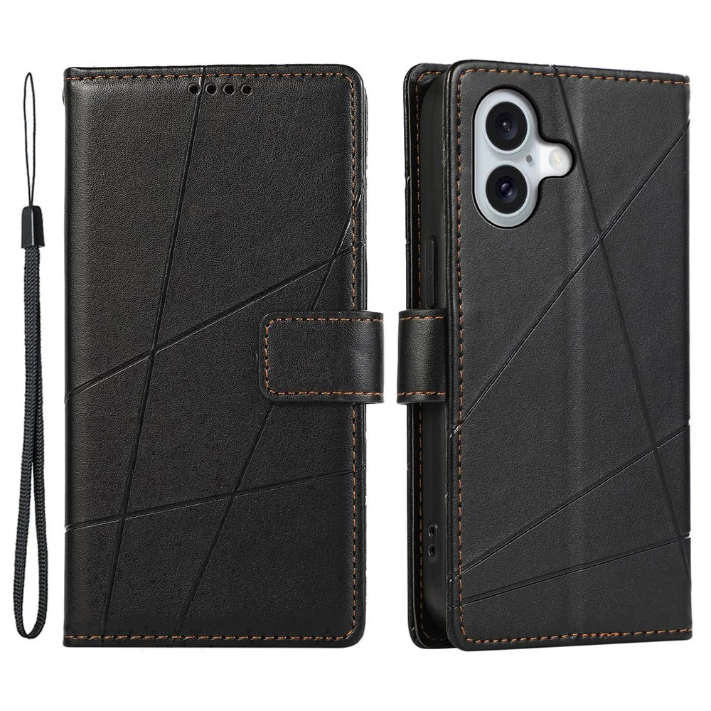 DF-06 For iPhone 16 Wallet Case Line Imprint Leather Flip Phone Cover - Black - 1
