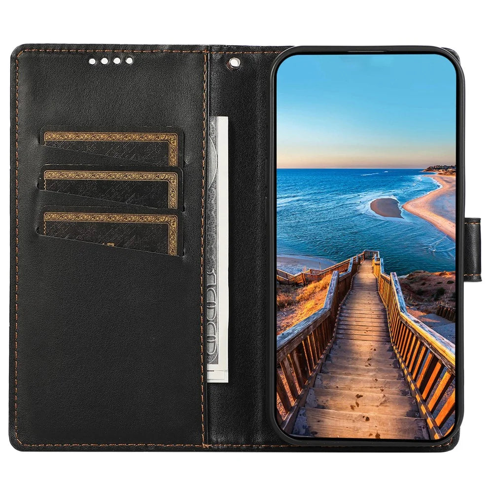 DF-06 For iPhone 16 Wallet Case Line Imprint Leather Flip Phone Cover - Black - 2