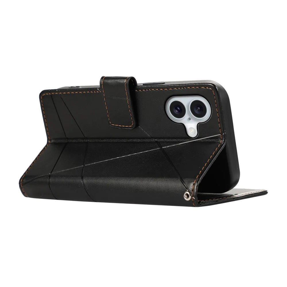 DF-06 For iPhone 16 Wallet Case Line Imprint Leather Flip Phone Cover - Black - 4