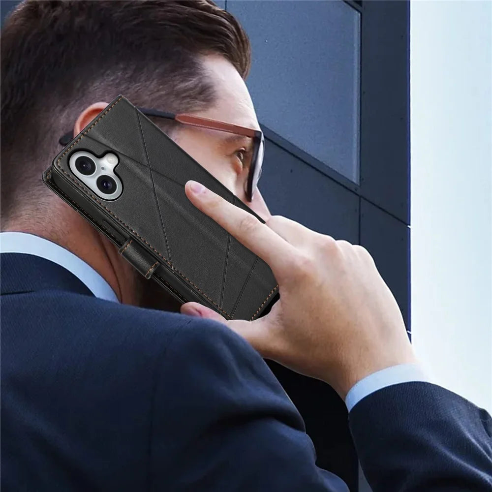DF-06 For iPhone 16 Wallet Case Line Imprint Leather Flip Phone Cover - Black - 6