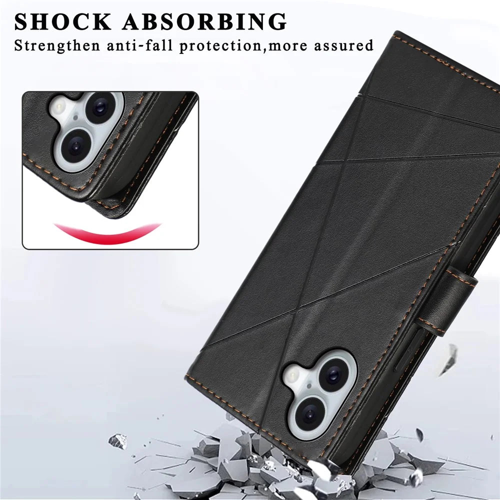 DF-06 For iPhone 16 Wallet Case Line Imprint Leather Flip Phone Cover - Black - 7