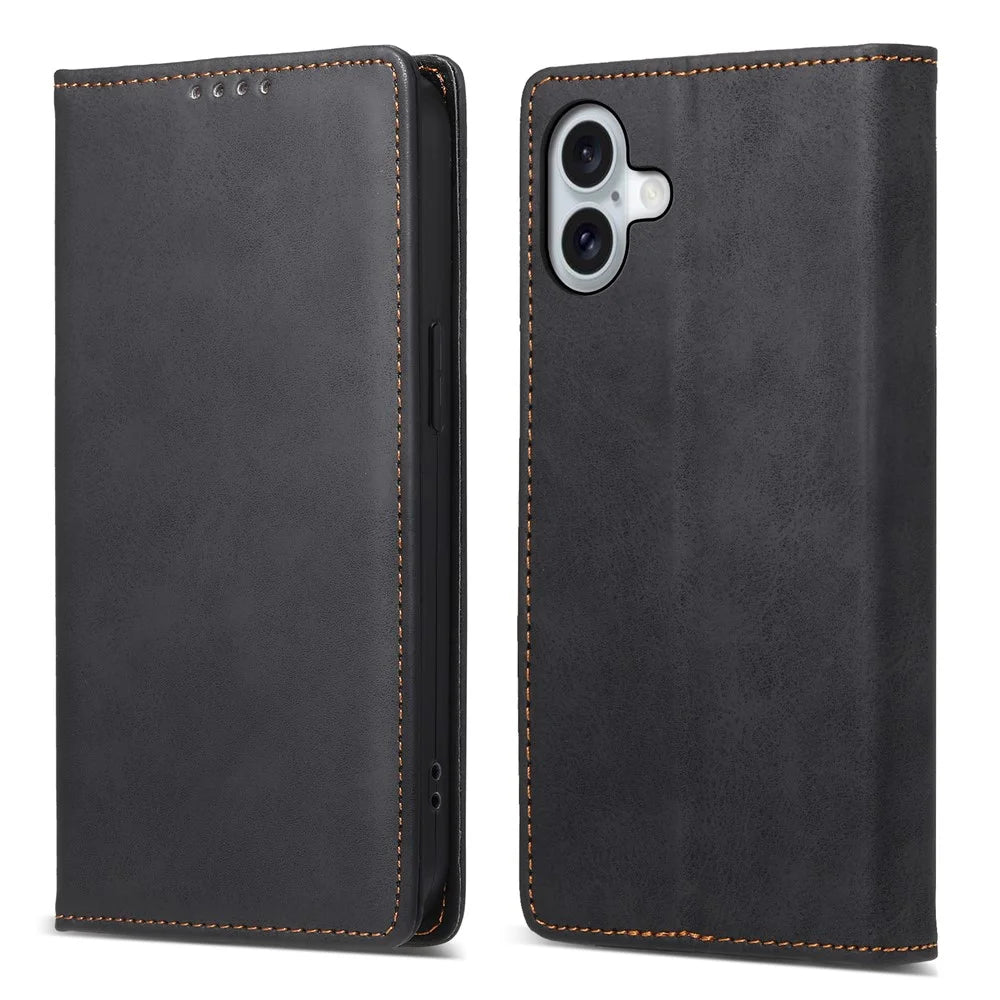 DF-05 For iPhone 16 Plus Case RFID Blocking PU Leather Wallet Phone Cover - Black - 1