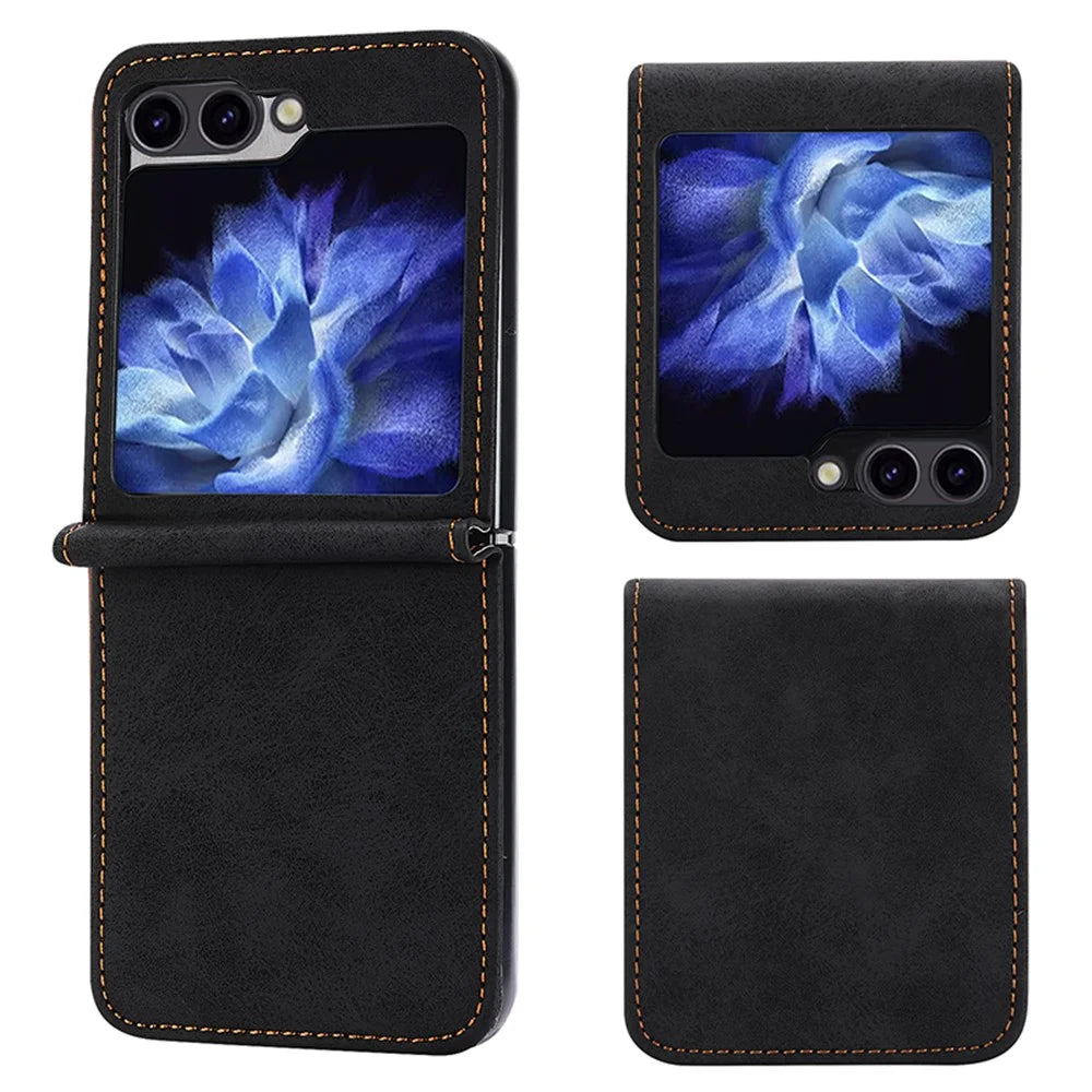 DF-05 For Samsung Galaxy Z Flip7 FE 5G / Z Flip6 5G Case PU Leather Magnetic Closure Phone Cover - Black - 1