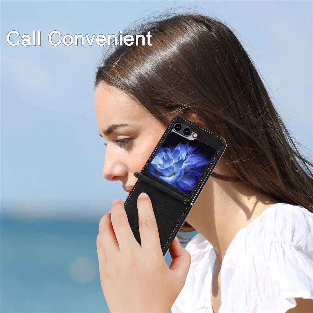 DF-05 For Samsung Galaxy Z Flip7 FE 5G / Z Flip6 5G Case PU Leather Magnetic Closure Phone Cover - Black - 7