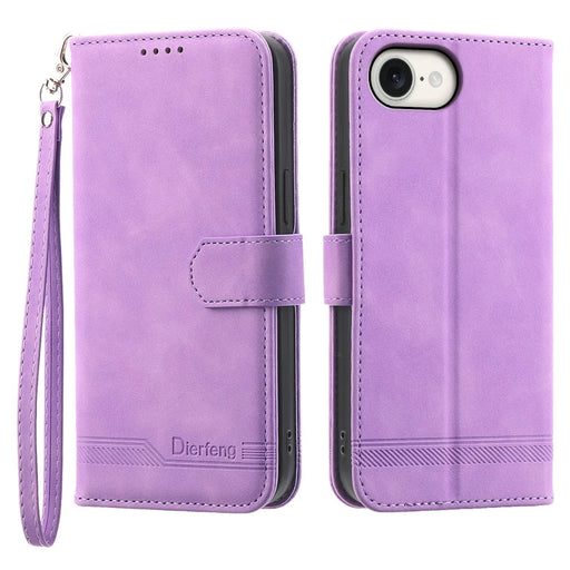 DIERFENG DF-03 For iPhone 17e / 16e Wallet Cover Card Slot Lines Imprinted Phone Case - Purple - 1