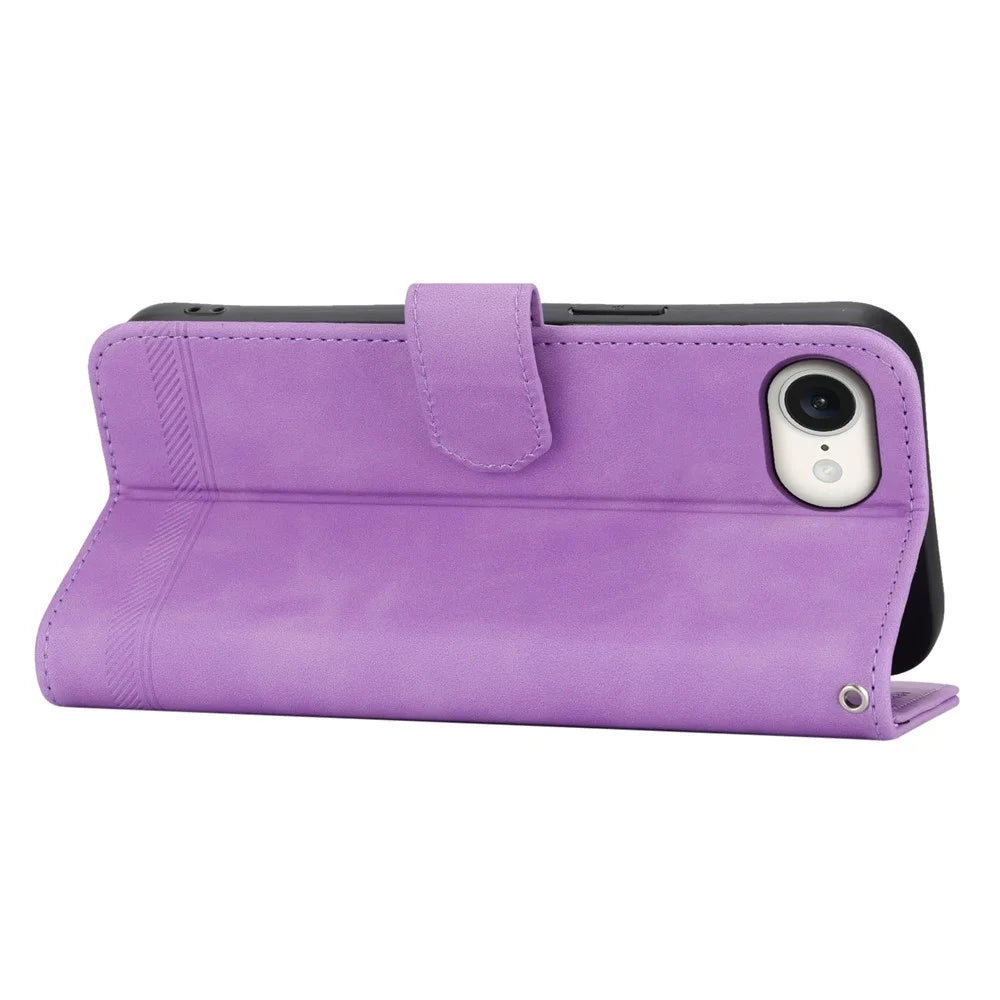 DIERFENG DF-03 For iPhone 17e / 16e Wallet Cover Card Slot Lines Imprinted Phone Case - Purple - 3