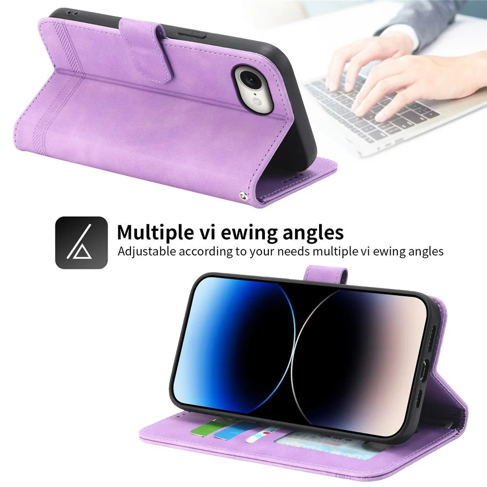 DIERFENG DF-03 For iPhone 17e / 16e Wallet Cover Card Slot Lines Imprinted Phone Case - Purple - 4