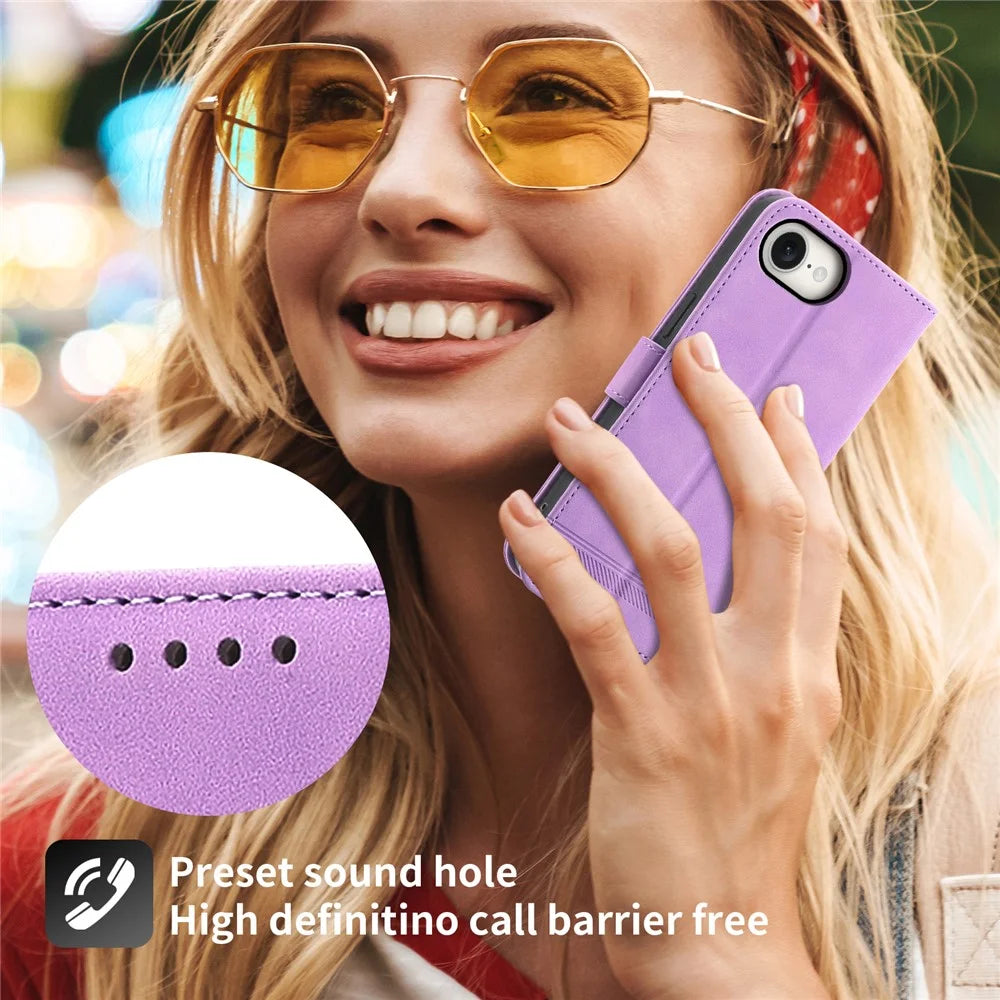 DIERFENG DF-03 For iPhone 17e / 16e Wallet Cover Card Slot Lines Imprinted Phone Case - Purple - 5