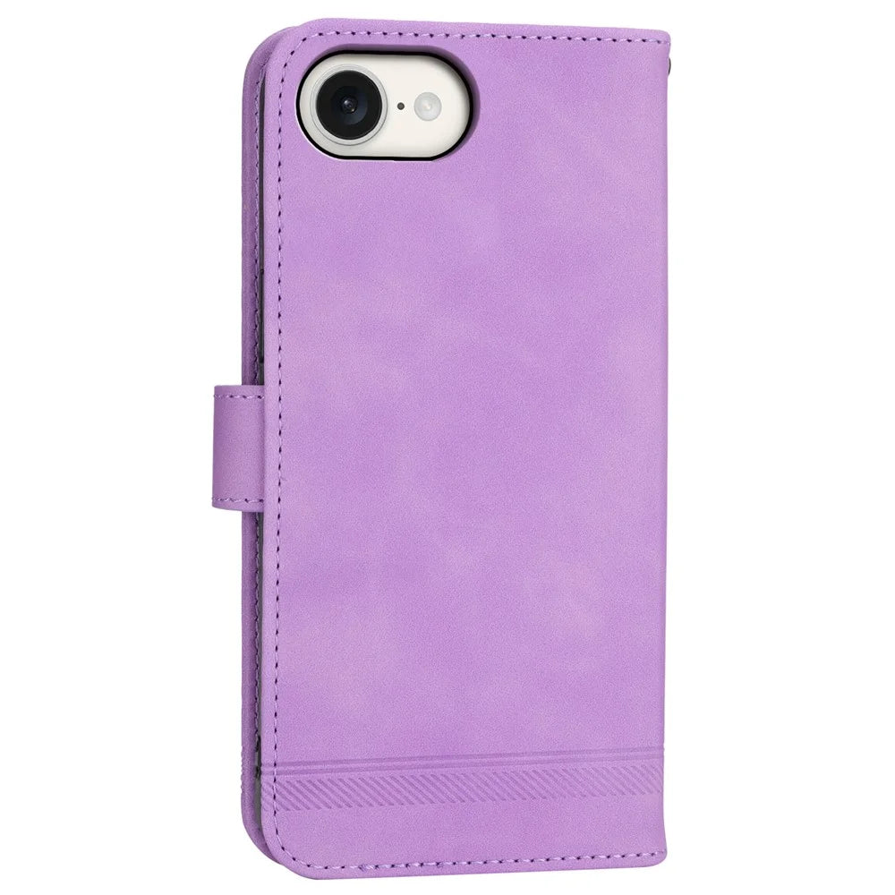 DIERFENG DF-03 For iPhone 17e / 16e Wallet Cover Card Slot Lines Imprinted Phone Case - Purple - 7