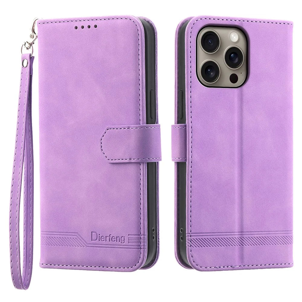 DIERFENG DF-03 For iPhone 16 Pro Max Wallet Case Anti-Drop Lines Imprinted Phone Cover - Purple - 1