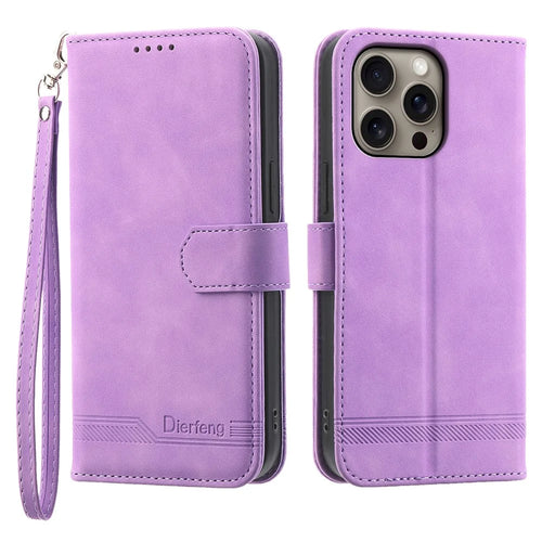 DIERFENG DF-03 For iPhone 16 Pro Max Wallet Case Anti-Drop Lines Imprinted Phone Cover - Purple - 1
