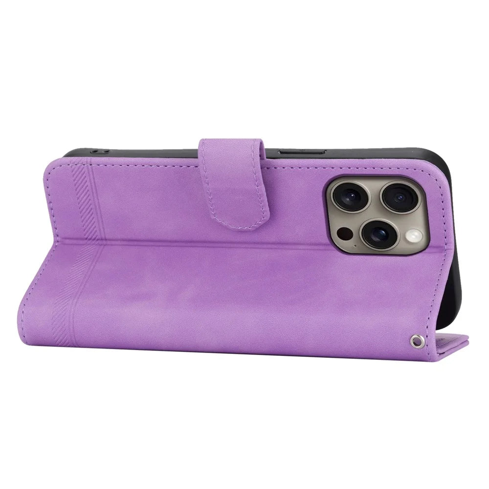 DIERFENG DF-03 For iPhone 16 Pro Max Wallet Case Anti-Drop Lines Imprinted Phone Cover - Purple - 3