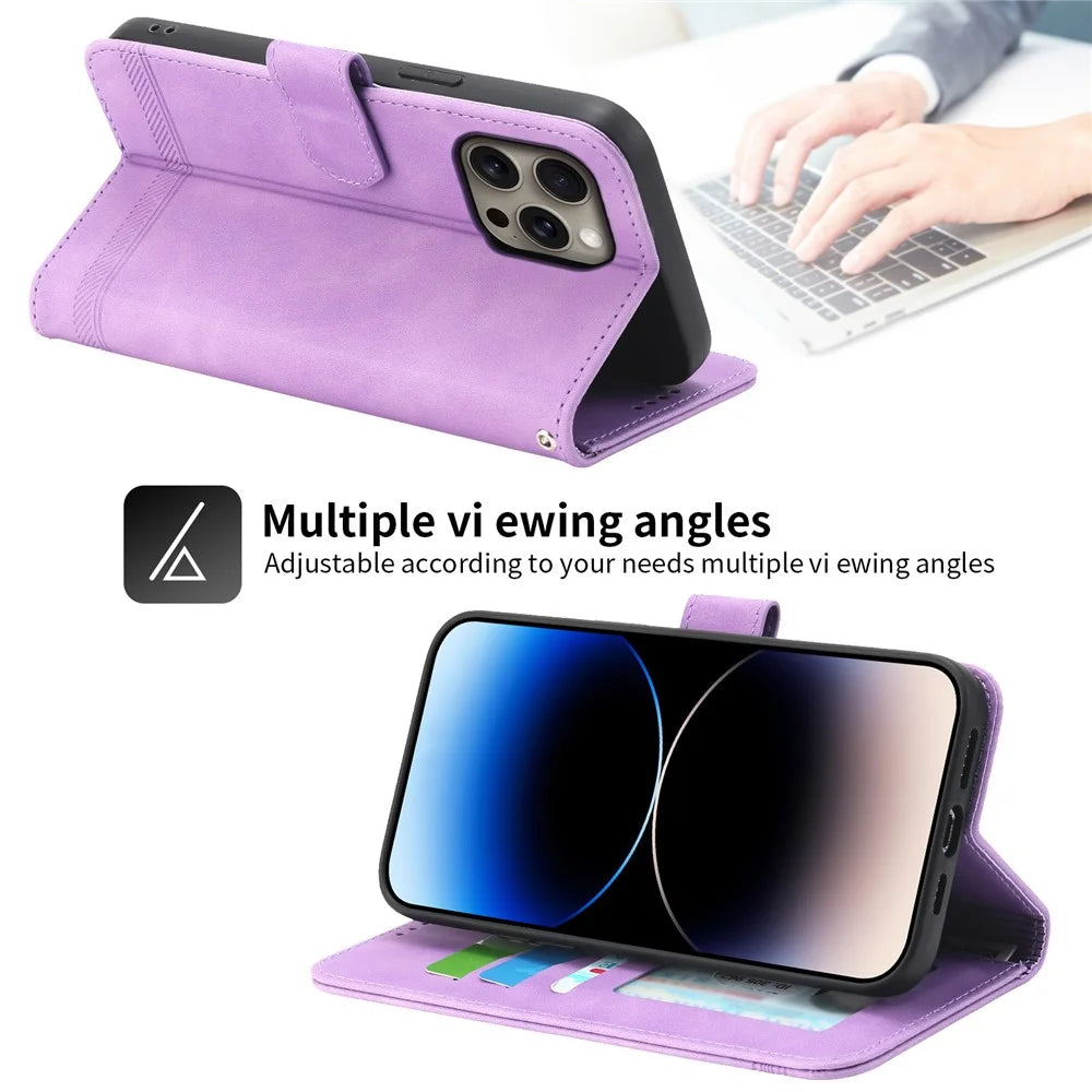 DIERFENG DF-03 For iPhone 16 Pro Max Wallet Case Anti-Drop Lines Imprinted Phone Cover - Purple - 4