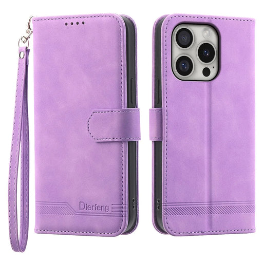 DIERFENG DF-03 For iPhone 16 Pro Leather Case Lines Imprinted Wallet Phone Cover - Purple - 1