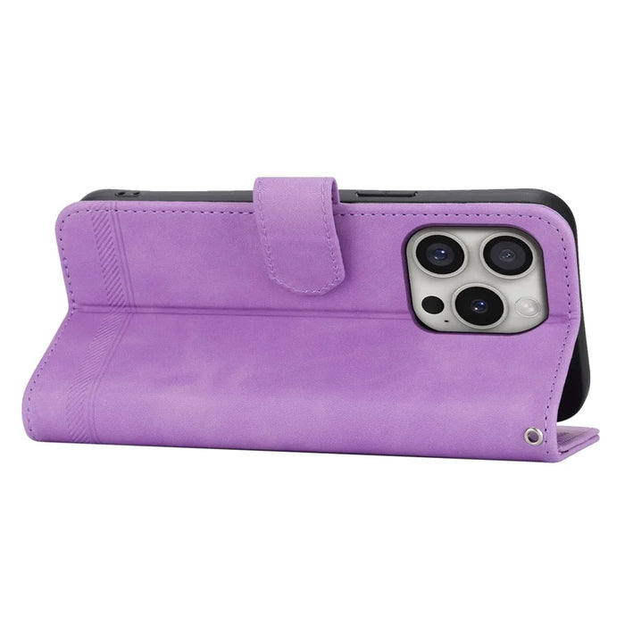 DIERFENG DF-03 For iPhone 16 Pro Leather Case Lines Imprinted Wallet Phone Cover - Purple - 3