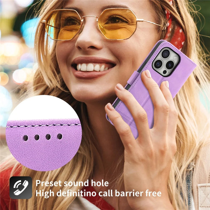 DIERFENG DF-03 For iPhone 16 Pro Leather Case Lines Imprinted Wallet Phone Cover - Purple - 5