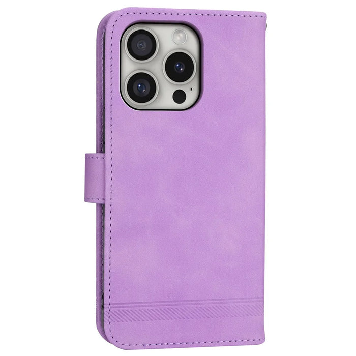 DIERFENG DF-03 For iPhone 16 Pro Leather Case Lines Imprinted Wallet Phone Cover - Purple - 7