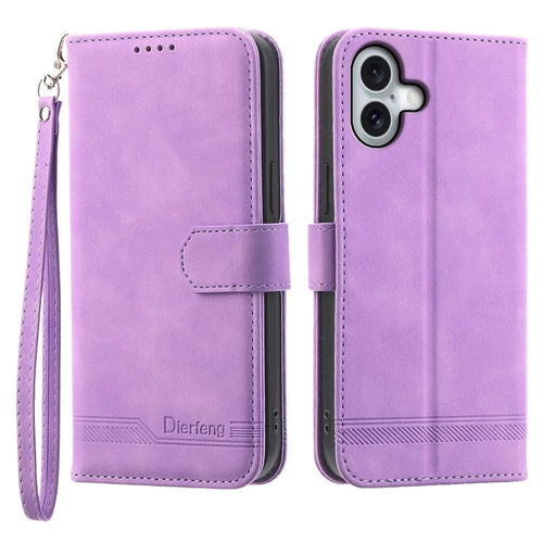 DIERFENG DF-03 For iPhone 16 Plus Wallet Case Lines Imprinted Leather Phone Cover - Purple - 1