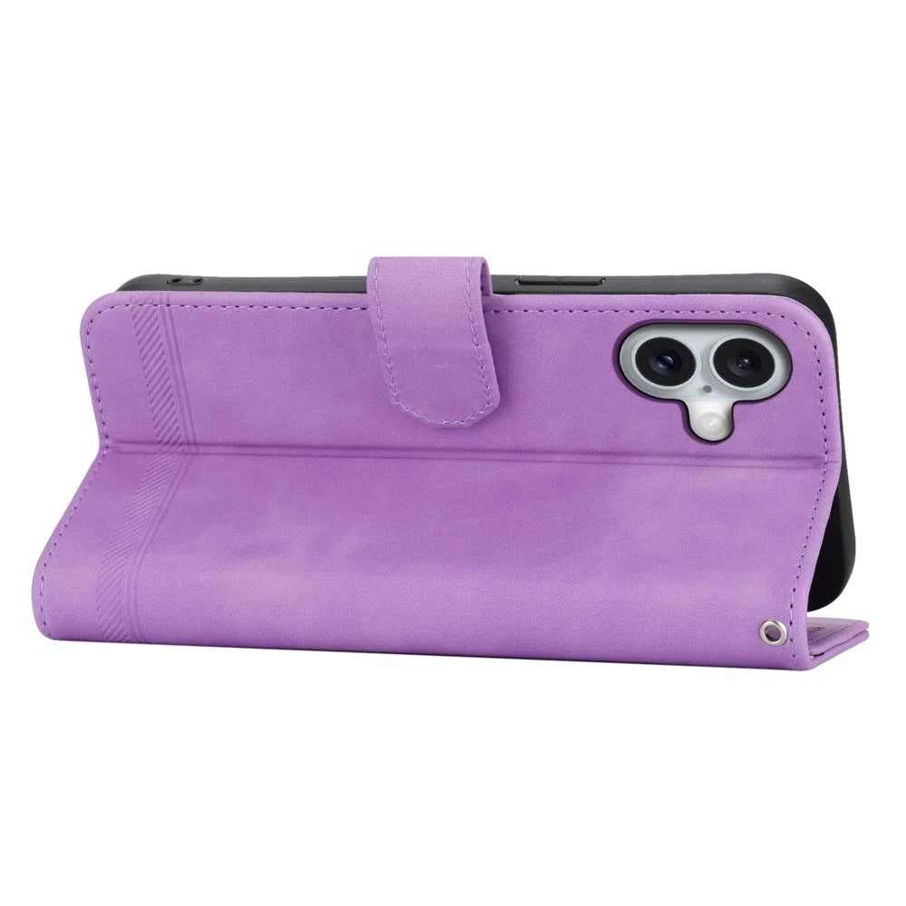 DIERFENG DF-03 For iPhone 16 Plus Wallet Case Lines Imprinted Leather Phone Cover - Purple - 3