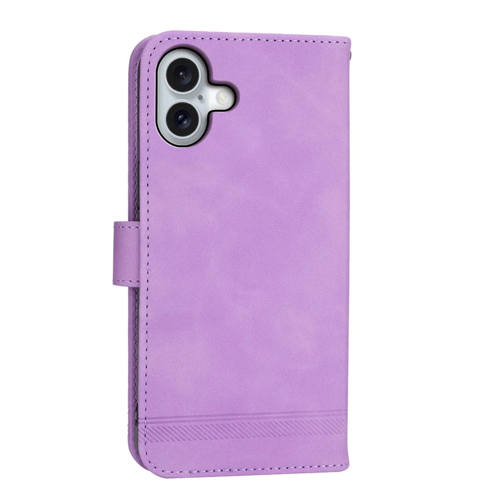 DIERFENG DF-03 For iPhone 16 Plus Wallet Case Lines Imprinted Leather Phone Cover - Purple - 7