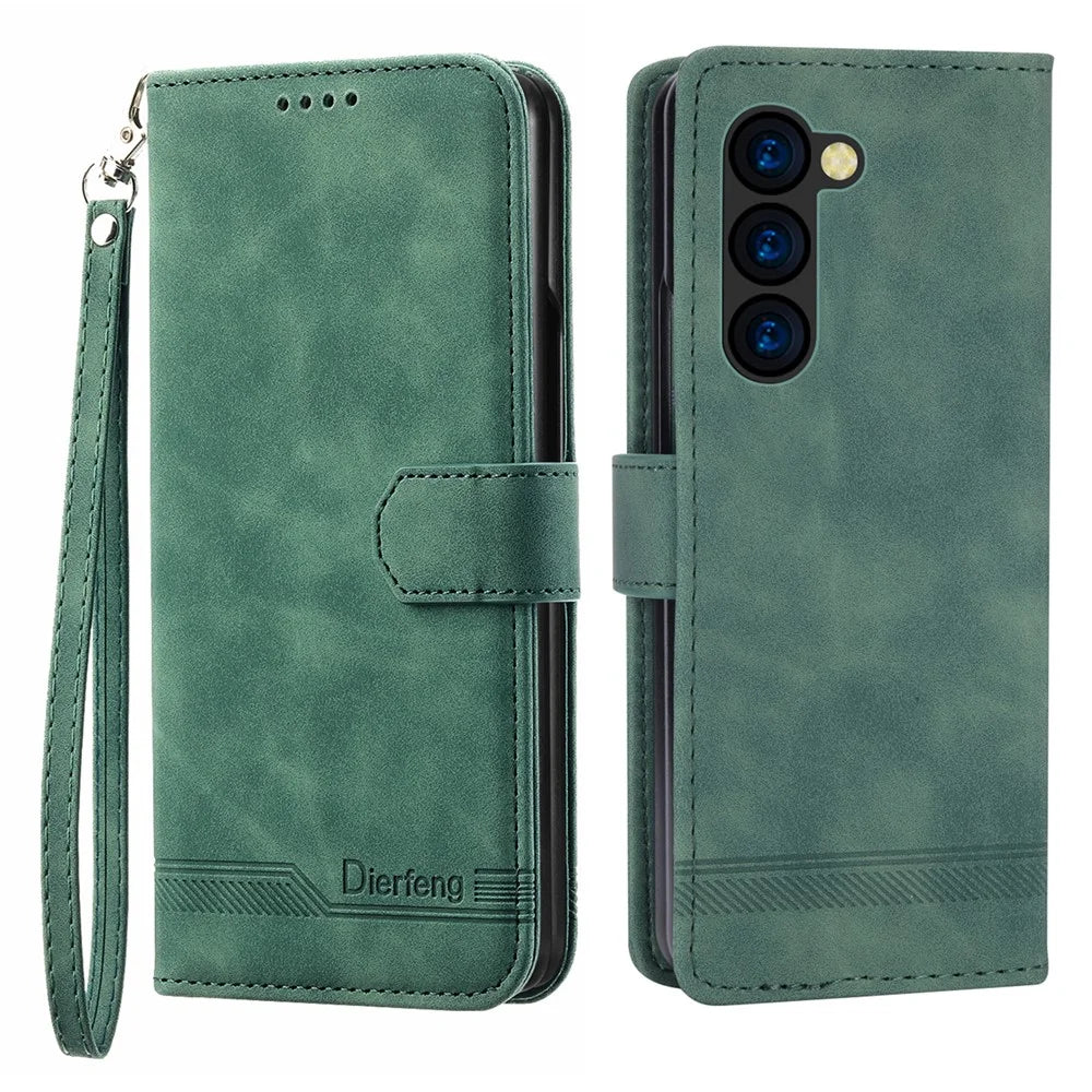 DIERFENG DF-03 For Samsung Galaxy Z Fold6 5G Wallet Phone Case Lines Imprinted Leather Cover - Green - 1