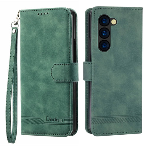DIERFENG DF-03 For Samsung Galaxy Z Fold6 5G Wallet Phone Case Lines Imprinted Leather Cover - Green - 1