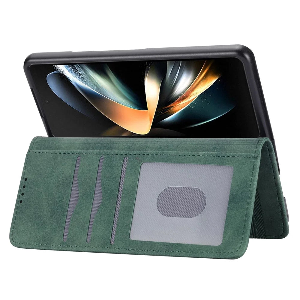 DIERFENG DF-03 For Samsung Galaxy Z Fold6 5G Wallet Phone Case Lines Imprinted Leather Cover - Green - 2