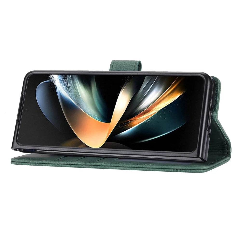 DIERFENG DF-03 For Samsung Galaxy Z Fold6 5G Wallet Phone Case Lines Imprinted Leather Cover - Green - 3