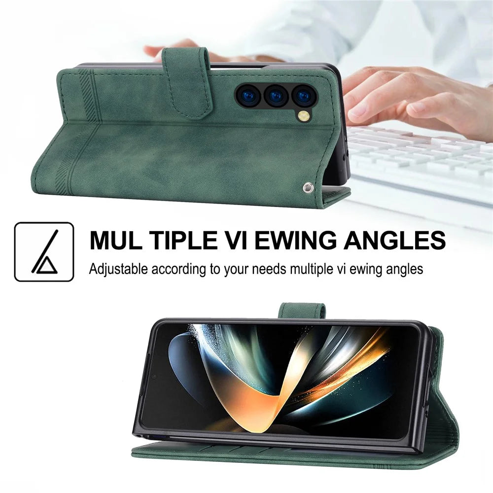 DIERFENG DF-03 For Samsung Galaxy Z Fold6 5G Wallet Phone Case Lines Imprinted Leather Cover - Green - 5