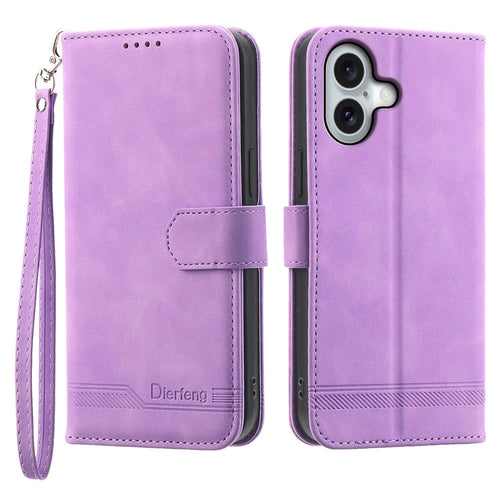 DIERFENG DF-03 For iPhone 16 Case Anti-Drop Lines Imprinted Wallet Phone Cover - Purple - 1
