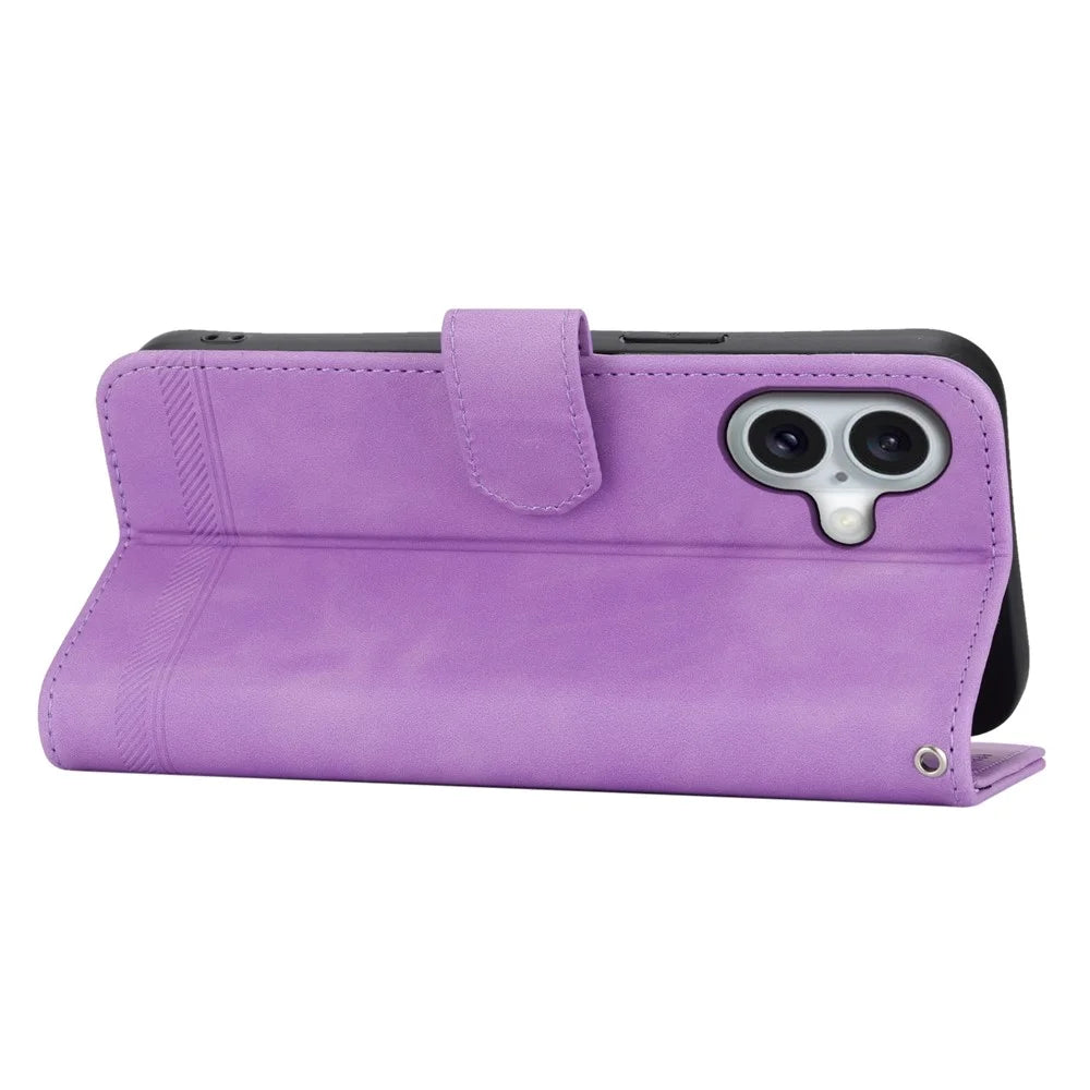 DIERFENG DF-03 For iPhone 16 Case Anti-Drop Lines Imprinted Wallet Phone Cover - Purple - 3
