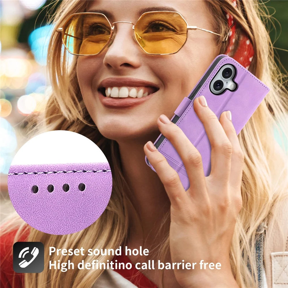 DIERFENG DF-03 For iPhone 16 Case Anti-Drop Lines Imprinted Wallet Phone Cover - Purple - 5