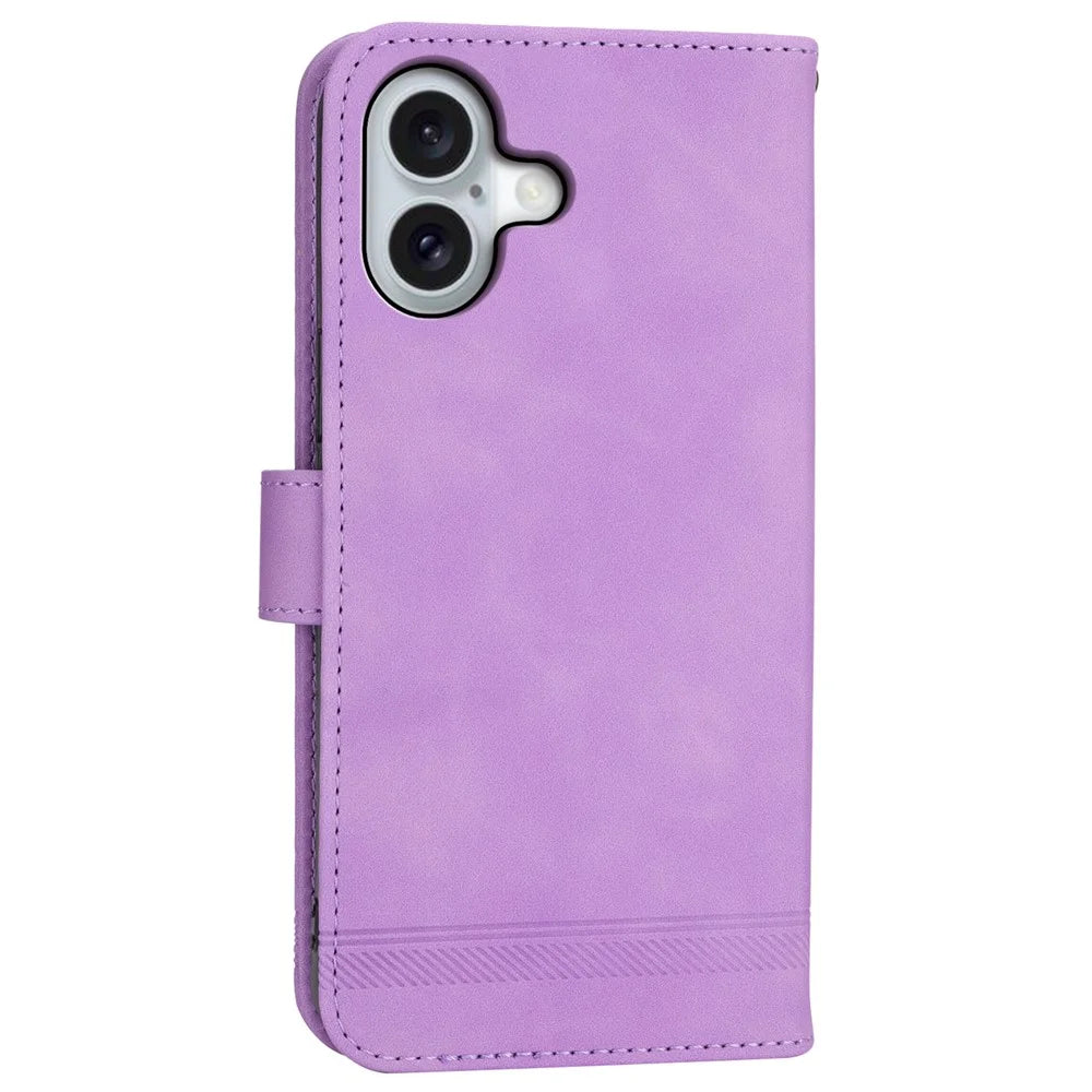 DIERFENG DF-03 For iPhone 16 Case Anti-Drop Lines Imprinted Wallet Phone Cover - Purple - 7