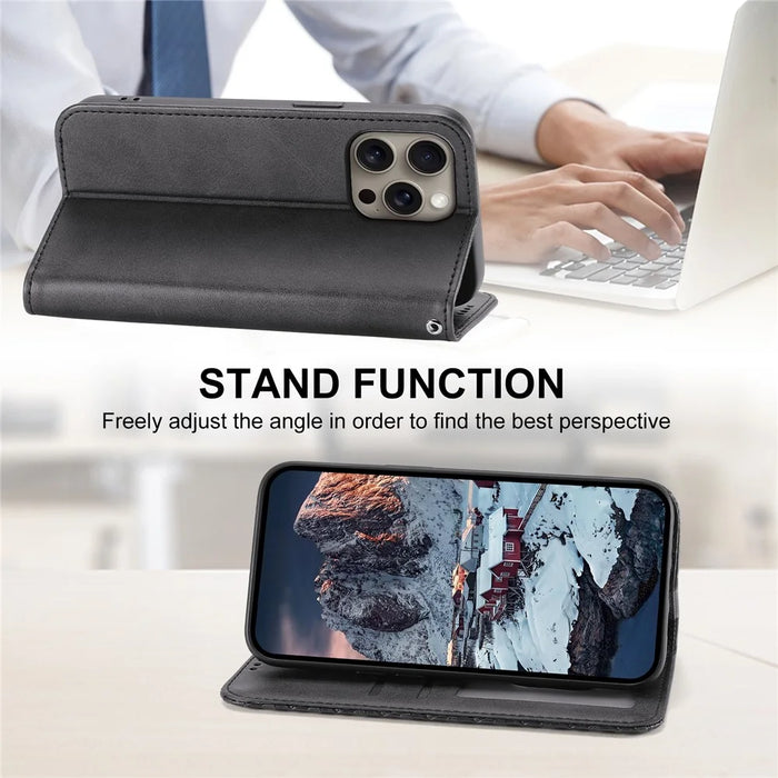 For iPhone 16 Pro Max   Case PU Leather Wallet Phone Cover - Black - 4