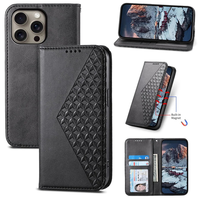 For iPhone 16 Pro Max   Case PU Leather Wallet Phone Cover - Black - 7