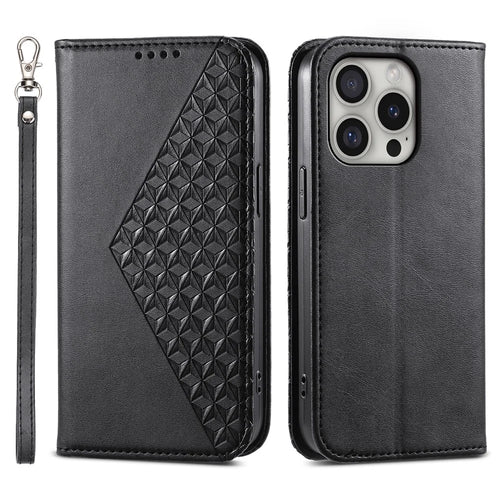 For iPhone 16 Pro Wallet Phone Case Imprinted PU Leather Flip Cover - Black - 1