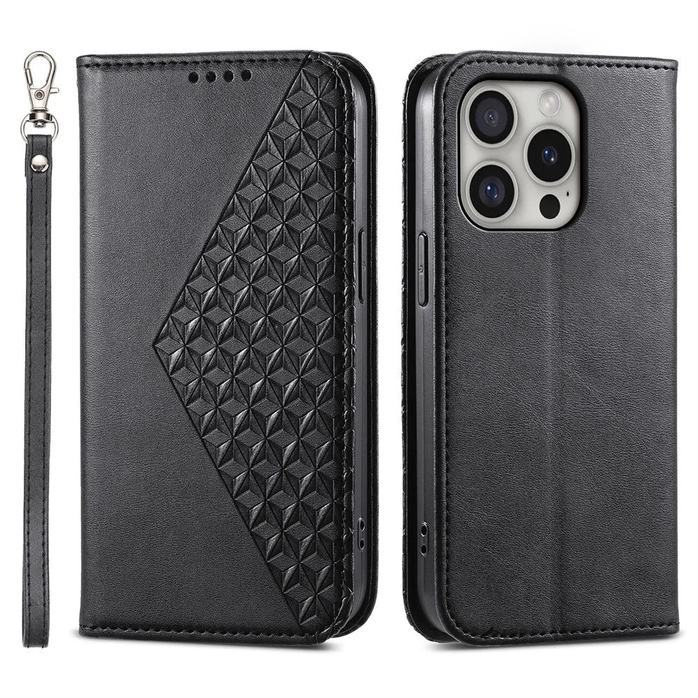 For iPhone 16 Pro Wallet Phone Case Imprinted PU Leather Flip Cover - Black - 1