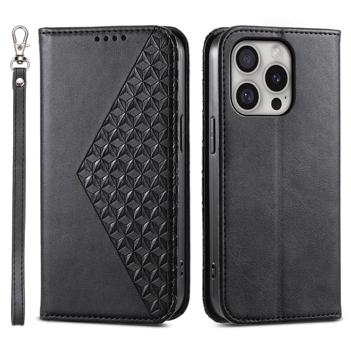 For iPhone 16 Pro Wallet Phone Case Imprinted PU Leather Flip Cover - Black - 1